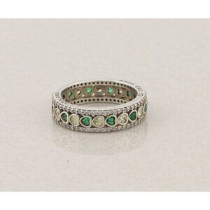 Sterling Silver Green and White Cubic Zirconia Heart Ring Size 6